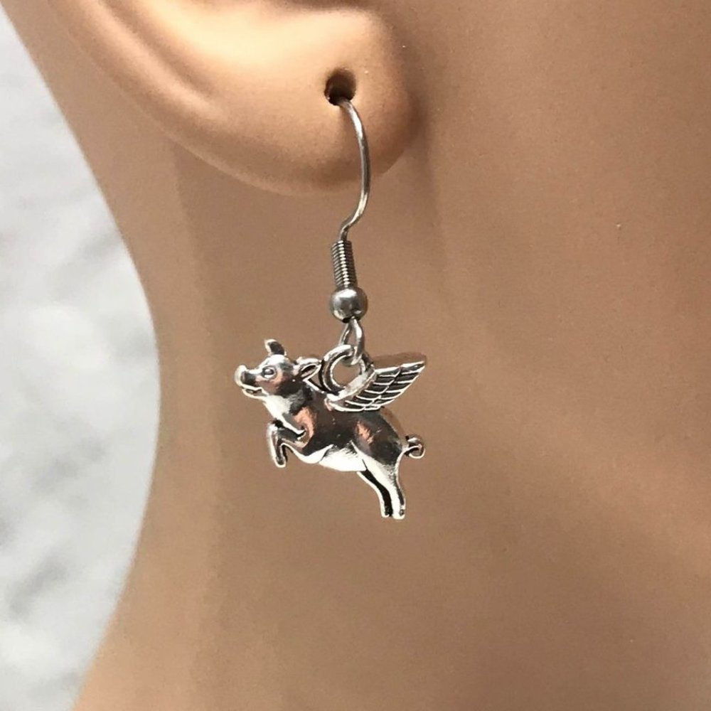 Flying Pig Silver Tone Hook Earrings